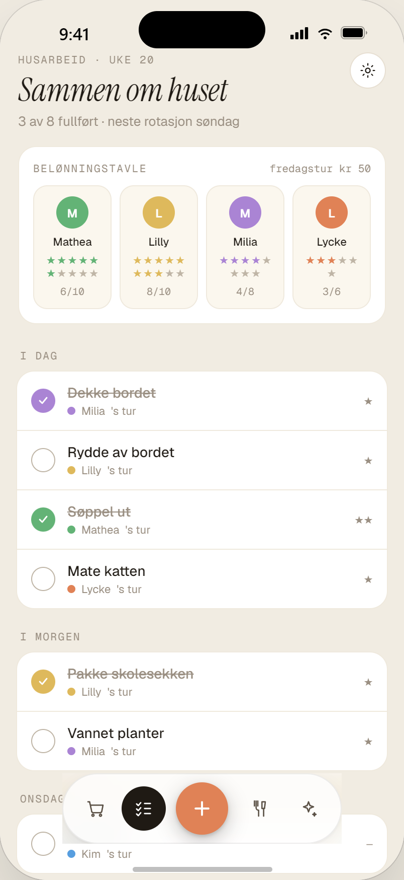 Famle husarbeid på telefonen — belønningstavle med stjerner og rotasjon for hver dag.